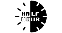 a black and white logo that says half hour on a white background