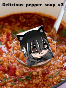 a ladle of soup with a picture of a girl on it