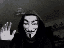 a person wearing a hooded jacket and a anonymous mask is waving .