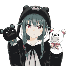 a drawing of a girl wearing a teddy bear hoodie holding two teddy bears