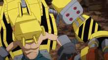 a cartoon character is being attacked by a large yellow robot