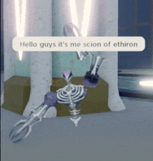 a skeleton is holding a sword and says hello guys it 's me scion of ethiron