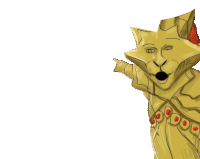 a drawing of a gold statue with a surprised look on its face