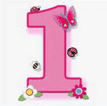 a pink number one with a butterfly , ladybug , bee and flower on it .