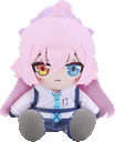 a stuffed toy of a girl with pink hair and blue eyes is sitting on a white surface .