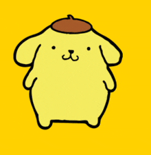 a yellow cartoon dog with a brown hat on its head