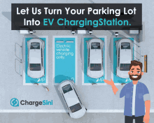 a man points to a sign that says " let us turn your parking lot into ev chargingstation "