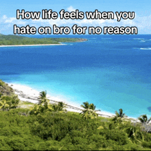 a picture of a beach with a caption that says " how life feels when you hate on bro for no reason "