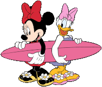 minnie mouse and daisy duck holding surfboards in their hands