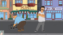 a cartoon of two men standing next to each other on a sidewalk in front of a restaurant .