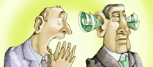 a cartoon of two men with money in their ears and one has a 10 bill in his ear