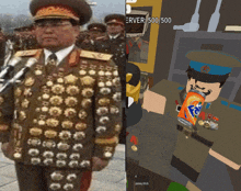 a picture of a man in a military uniform next to a picture of a man in a video game holding a can of fanta