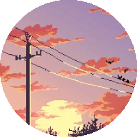 a pixel art of a sunset with power lines and birds flying in the sky