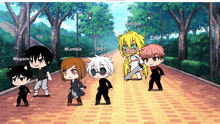 a group of anime characters are standing on a sidewalk and one of them has the name hallibel on it