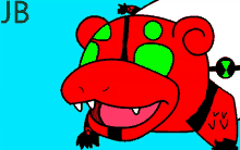 a cartoon drawing of a red monster with green eyes and a jb logo