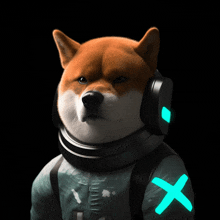 a dog wearing a helmet and headphones has an x on its arm