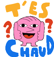 a cartoon character with a question mark and the words t'es chaud below it