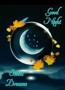 a good night sweet dreams card with a crescent moon in a glass ball