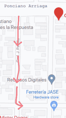 a map with a red arrow pointing to recursos digitales and ferreteria jase hardware store