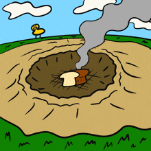 a cartoon drawing of a hole in the ground with smoke coming out of it and a yellow duck in the background