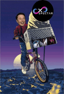 a cartoon of elon musk riding a bike with a crate on it