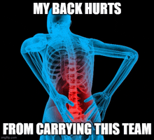 a x-ray of a person 's back with the words " my back hurts from carrying this team "