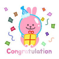 a pink bunny with a party hat is holding a gift and the word congratulation is below it