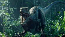 a dinosaur with its mouth open is walking through the jungle