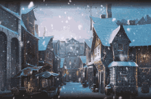 a snowy street with a building that says ' harry potter ' on the side