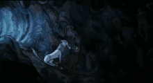 a white horse and a brown dog are standing in a dark cave