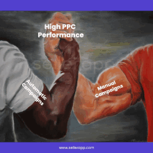 a painting of two men shaking hands with the caption " high ppc performance "