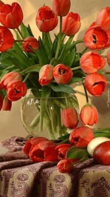 a vase filled with red tulips is sitting on a table next to eggs .