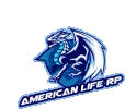 a logo for american life rp with a dragon on a blue background .