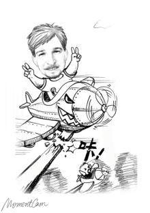 a black and white drawing of a man giving a peace sign while riding a rocket