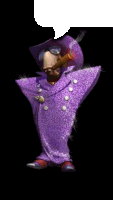 a cartoon character is wearing a purple coat and hat and smoking a cigar