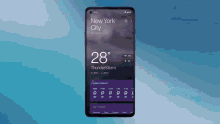 a phone screen shows the weather in new york city at 28 degrees