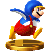 a statue of mario dressed as a penguin is flying through the air