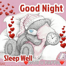 a teddy bear is laying on a pillow with a clock and the words good night sleep well wub u pappa below it