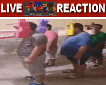 a group of people wearing masks are standing in front of a sign that says " live reaction "