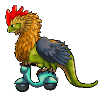 a cartoon rooster is riding a scooter with a kangaroo tail