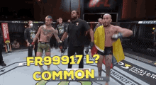 two men in a boxing ring with the words " fr99917 l common " on the bottom