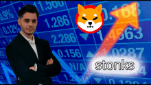 a man with his arms crossed stands in front of a stock chart with the word stonks on the bottom