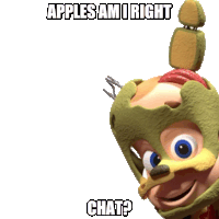 a cartoon character with the words apples ami right chat written on it