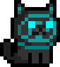 a pixel art of a black cat with blue eyes