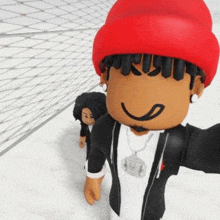 a roblox character wearing a red hat and a black jacket is taking a selfie with another roblox character .