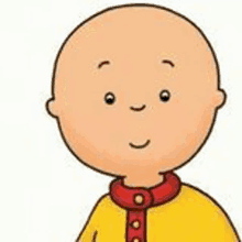 a cartoon boy with a bald head is wearing a yellow shirt and red collar .