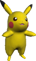 a yellow pikachu with black ears and red cheeks is standing with its arms outstretched