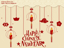 a happy chinese new year greeting card with red lanterns and candles