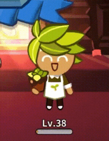 a cookie run character is holding a potted plant and has lv.38 written on the bottom of his screen .