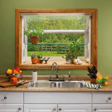 a kitchen with a sink and a window with potted plants on the window sill